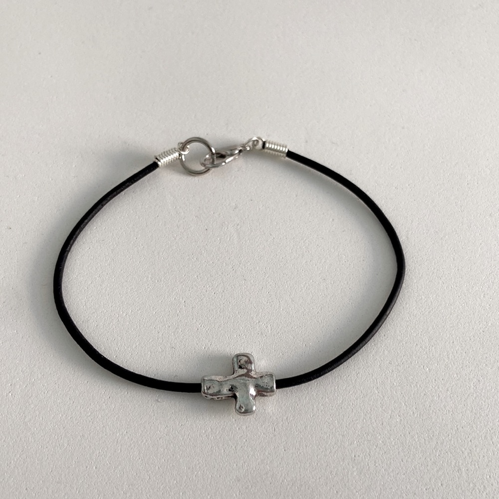 Silver cross leather bracelet